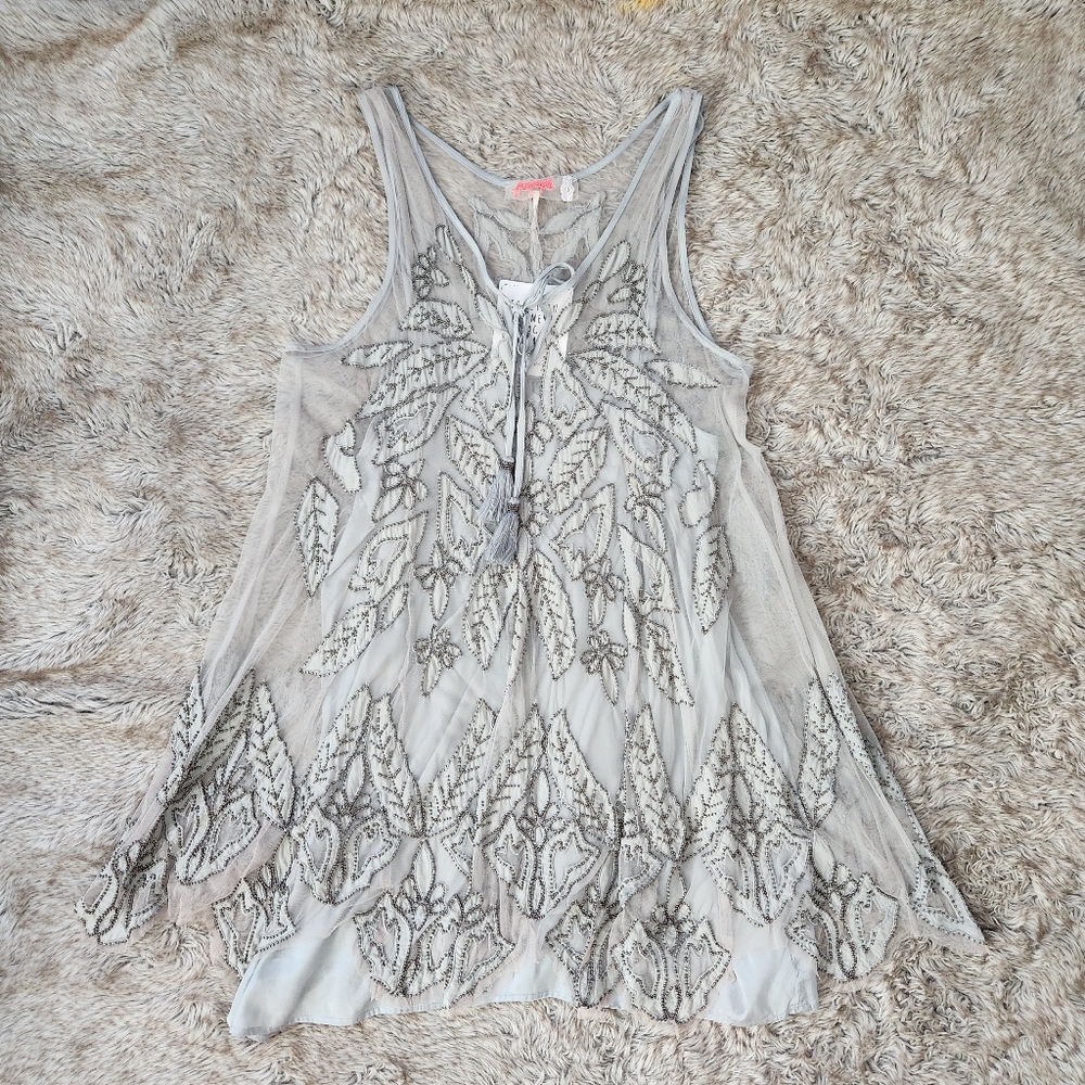 Free People La Palma Trapeze Mini Dress Light Blue Gray‎ Women's Size Large - Picture 3 of 13